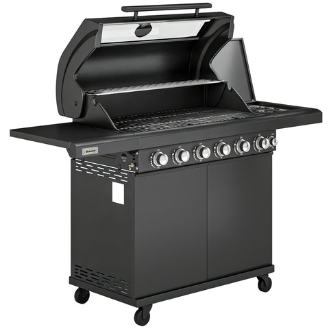 Black outsunny 6 burner gas bbq grill with six knobs warming rack grill grate thermometer and wheels for easy outdoor use