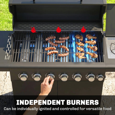 Black outsunny gas bbq grill with six burners, stainless steel grill grate, warming rack, thermometer, and bottle opener