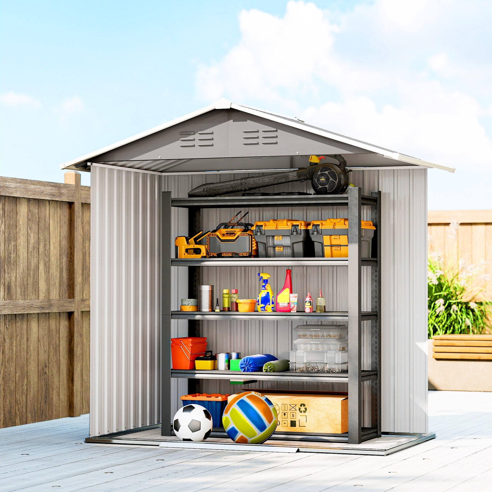 Gray metal garden storage shed by outsunny with peaked roof open doors showing shelves with tools and sports gear