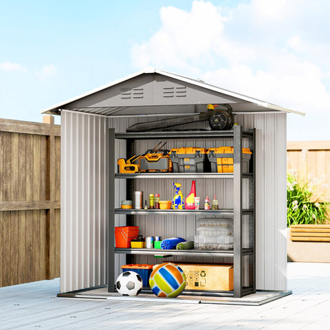 Gray metal garden storage shed by outsunny with peaked roof open doors showing shelves with tools and sports gear