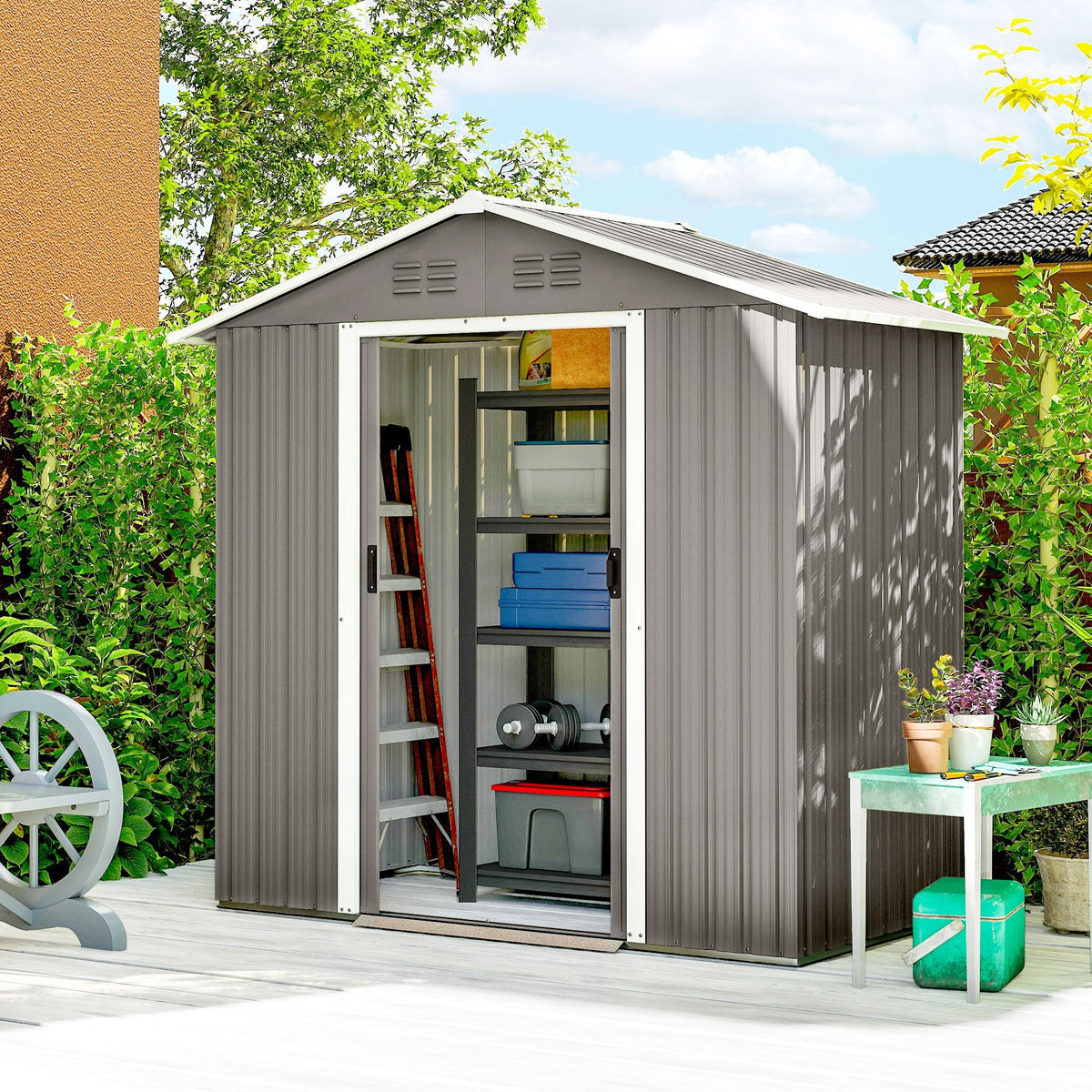 Gray corrugated plastic garden storage shed with white trim and slanted roof for outdoor metal garden use by Outsunny
