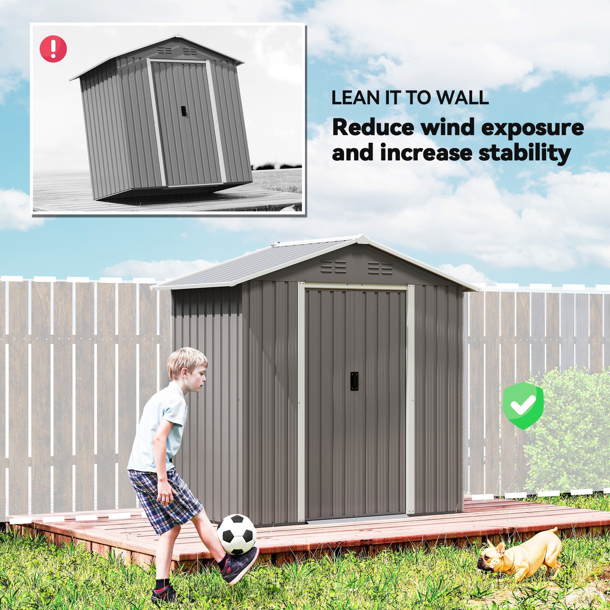 Gray metal garden storage shed with white trim made of galvanized steel for outdoor storage use