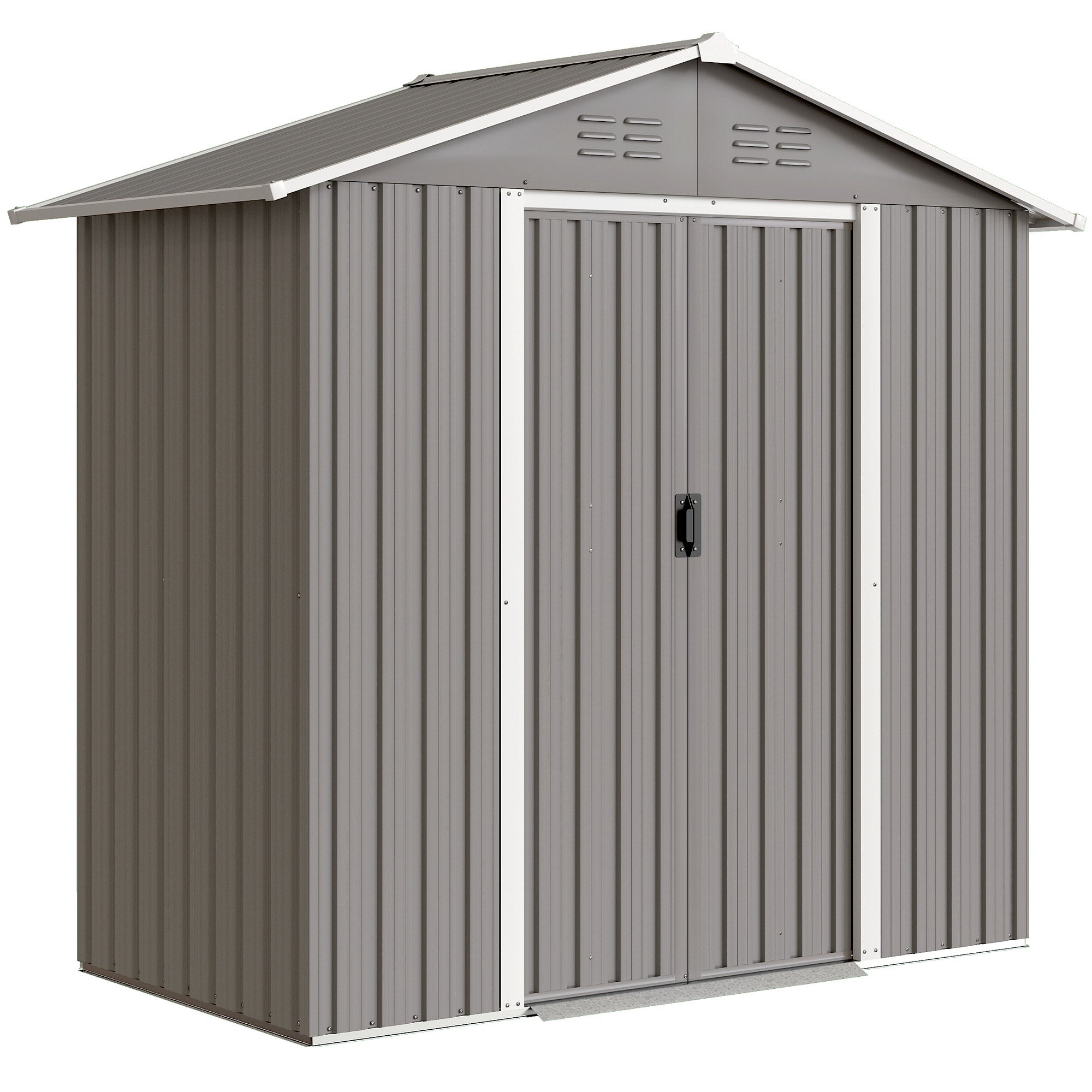 Outsunny metal garden storage shed in light grey with white trim made of galvanised steel for outdoor use