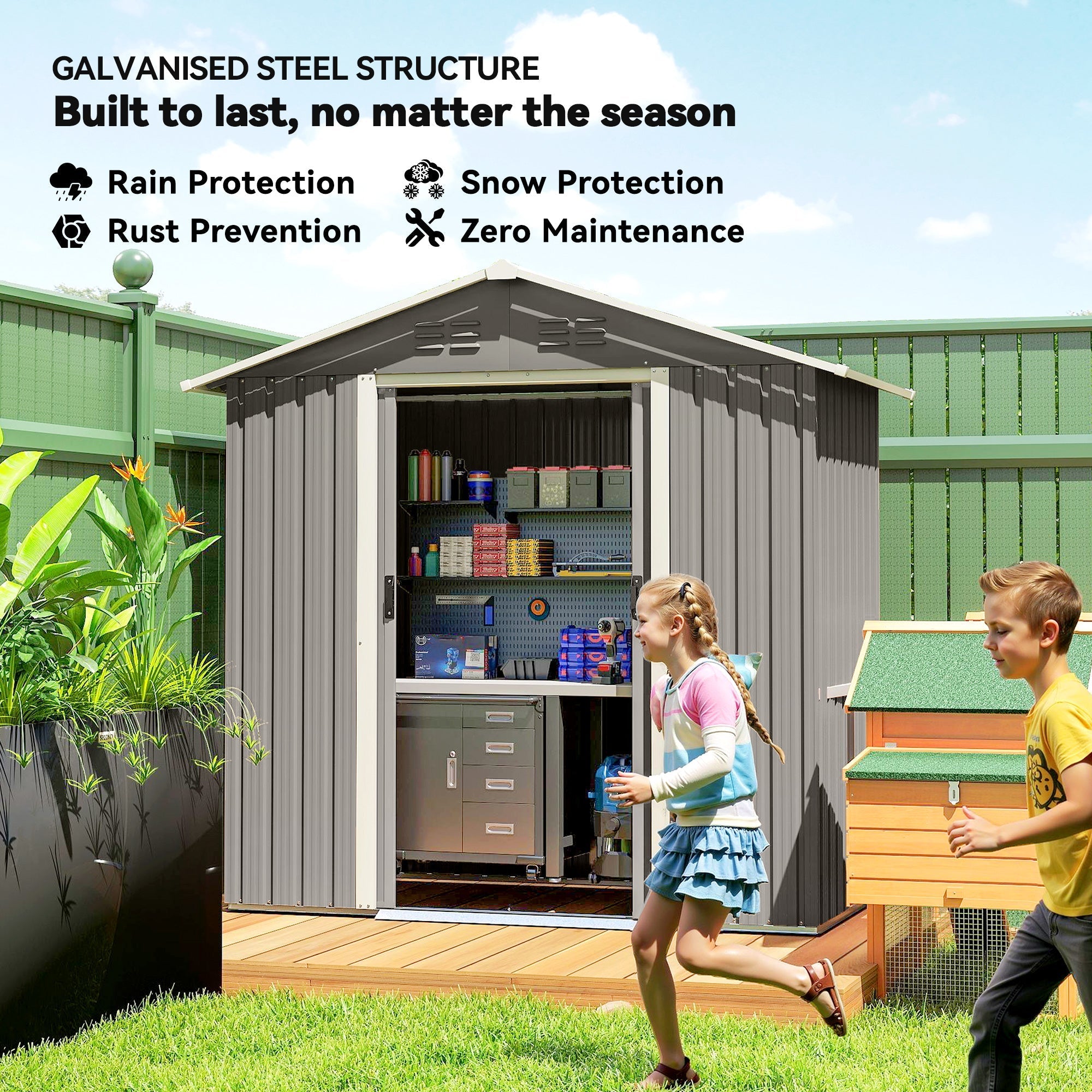 Gray galvanized steel garden storage shed with white trim and slanted roof outsunny 6.5 x 3.5ft metal garden shed