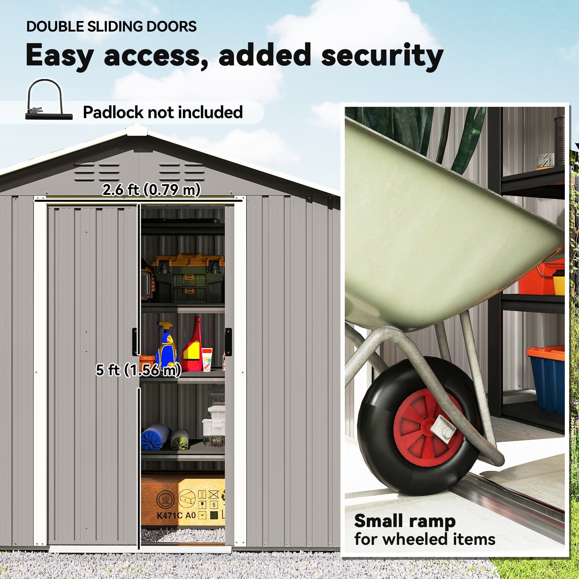 Gray metal garden storage shed with double sliding doors and ramp made of galvanised steel for easy access