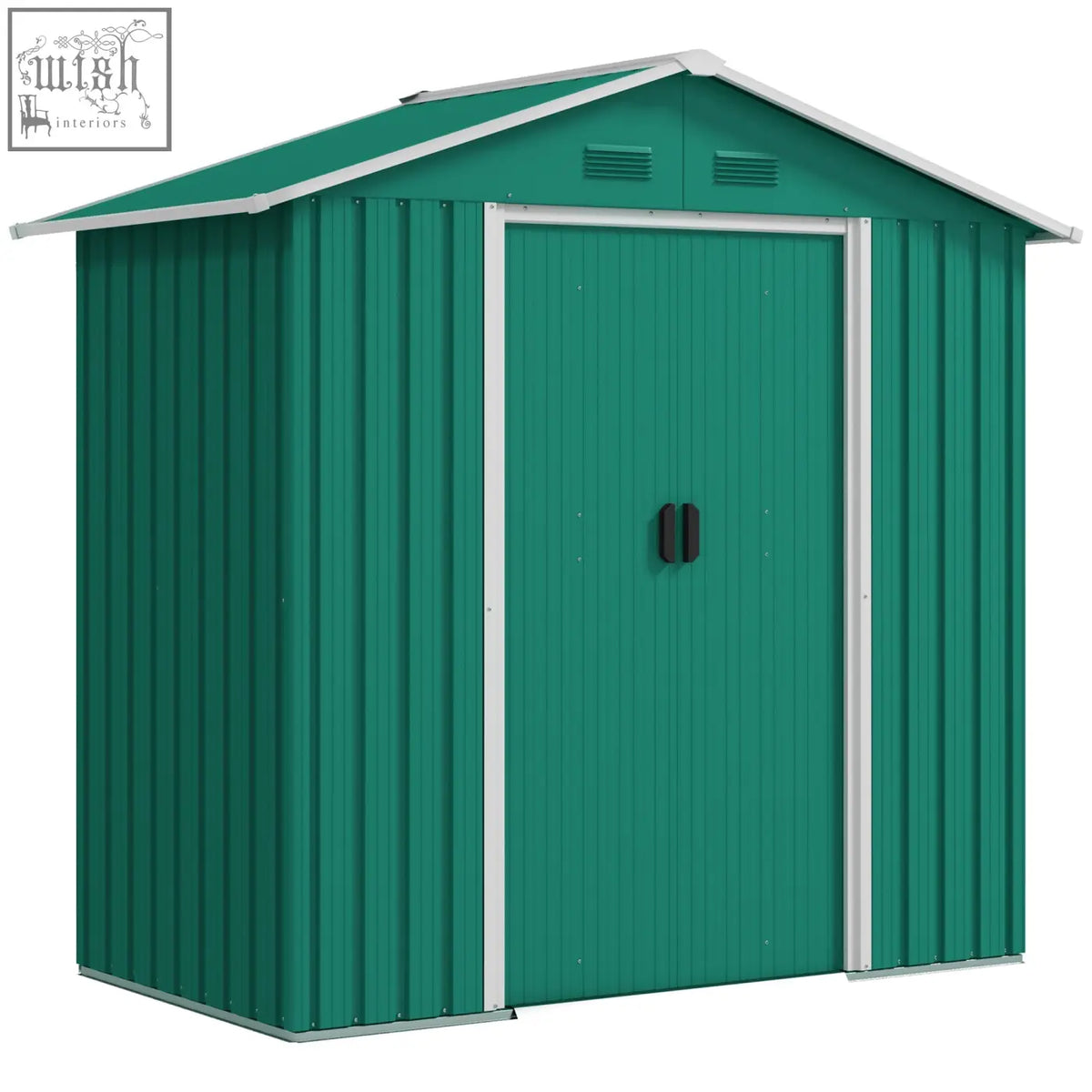 Green metal storage shed with white trim and double sliding doors for outdoor tool storage by outsunny