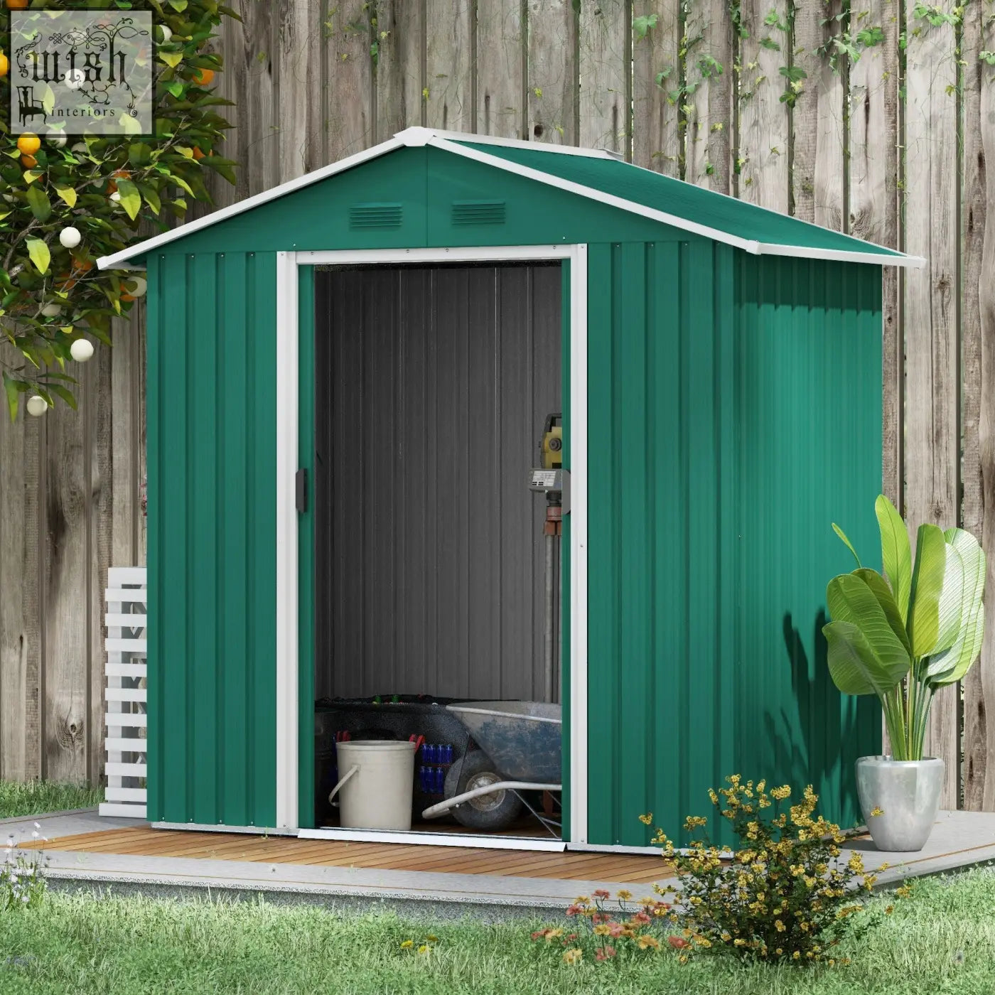 Green metal storage shed with white trim and double sliding doors for outdoor tool storage by Outsunny
