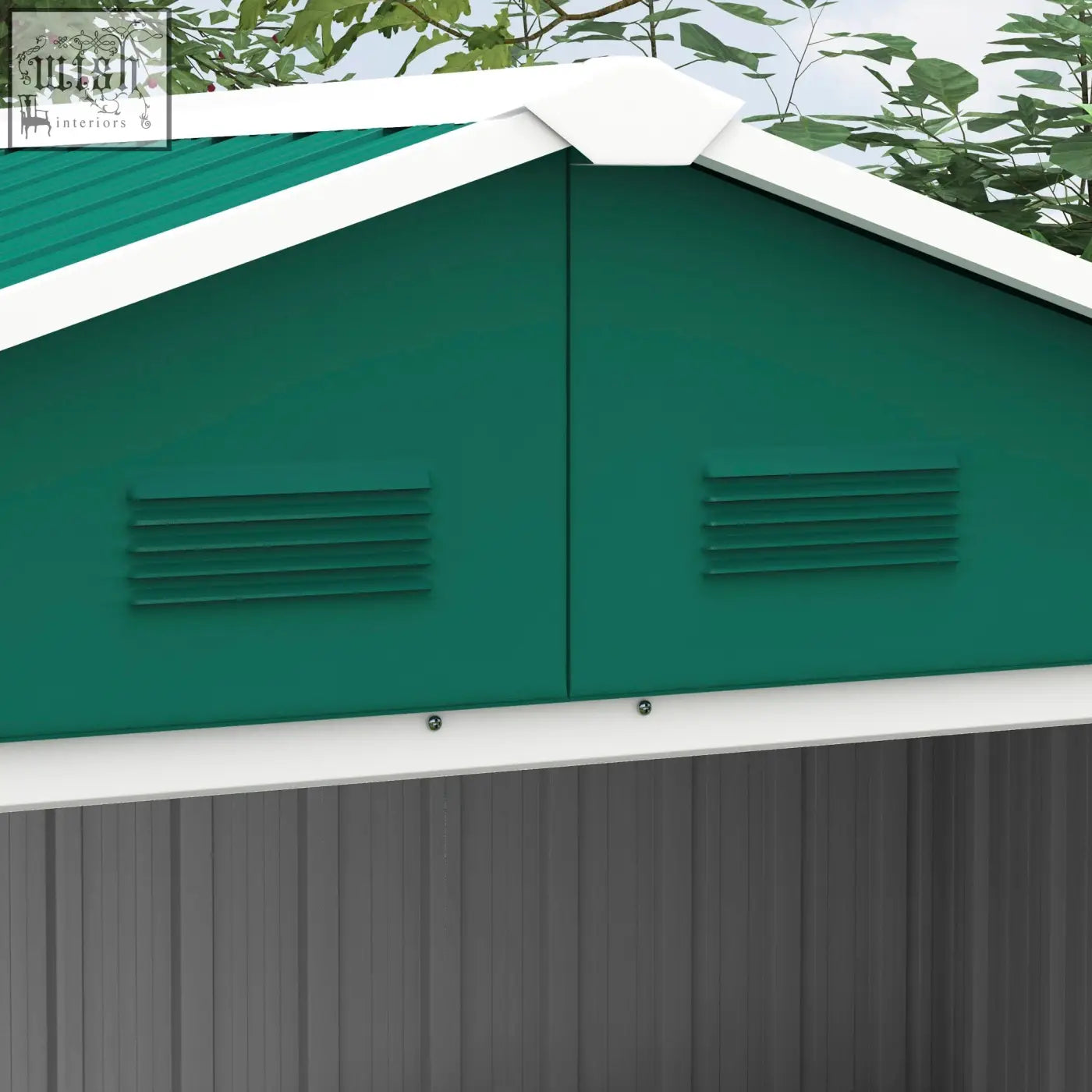 Green metal storage shed with white trim and double sliding doors for outdoor tool storage by Outsunny