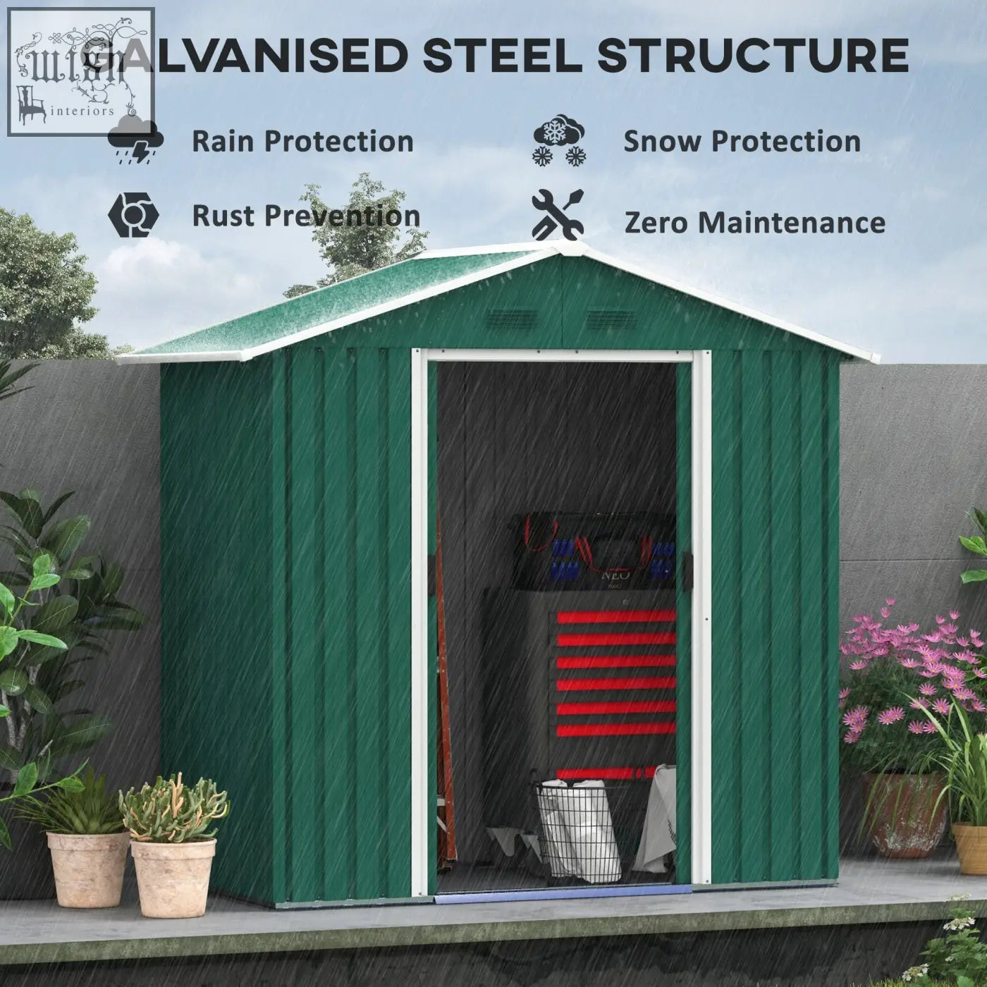 Green galvanized steel storage shed with white trim and double sliding doors for outdoor tool storage