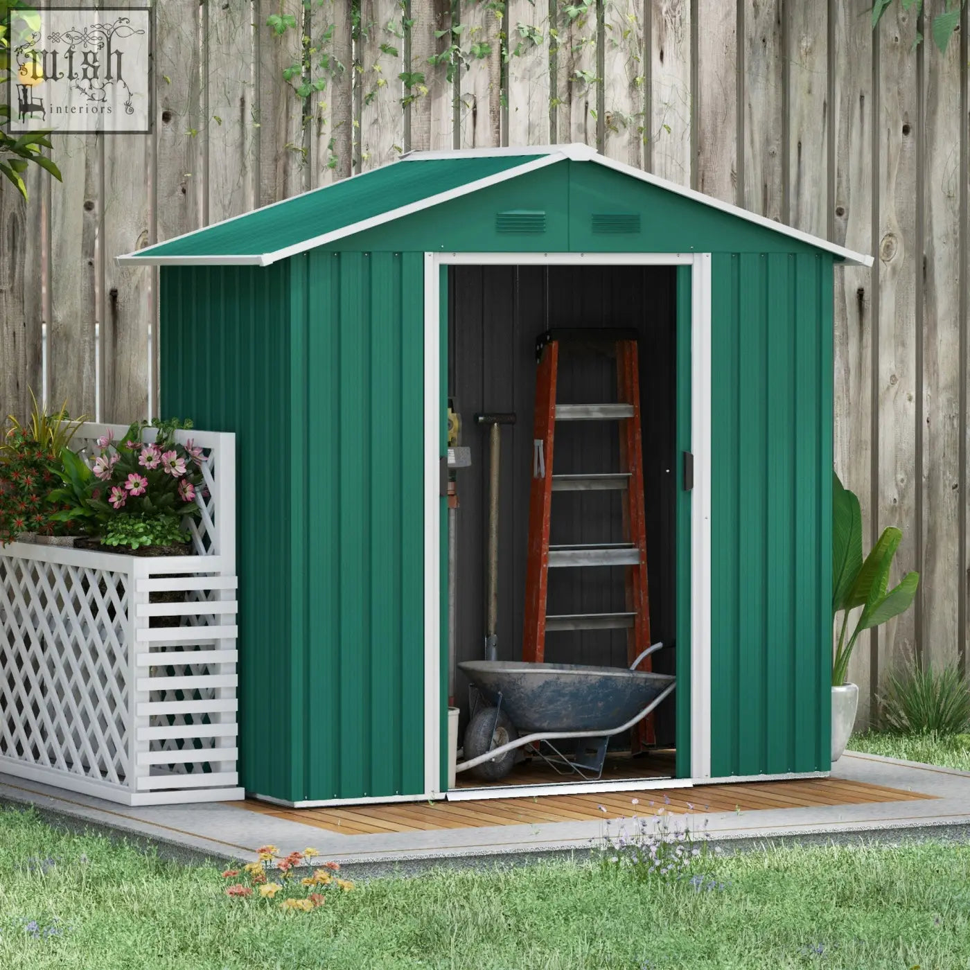 Green metal storage shed with white trim and double sliding doors for outdoor tool storage by Outsunny
