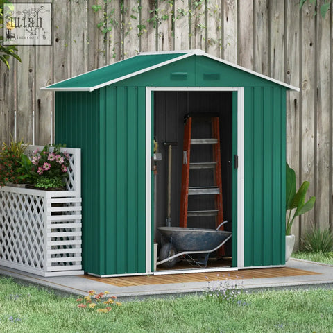 Green metal storage shed with white trim and double sliding doors for outdoor tool storage by Outsunny