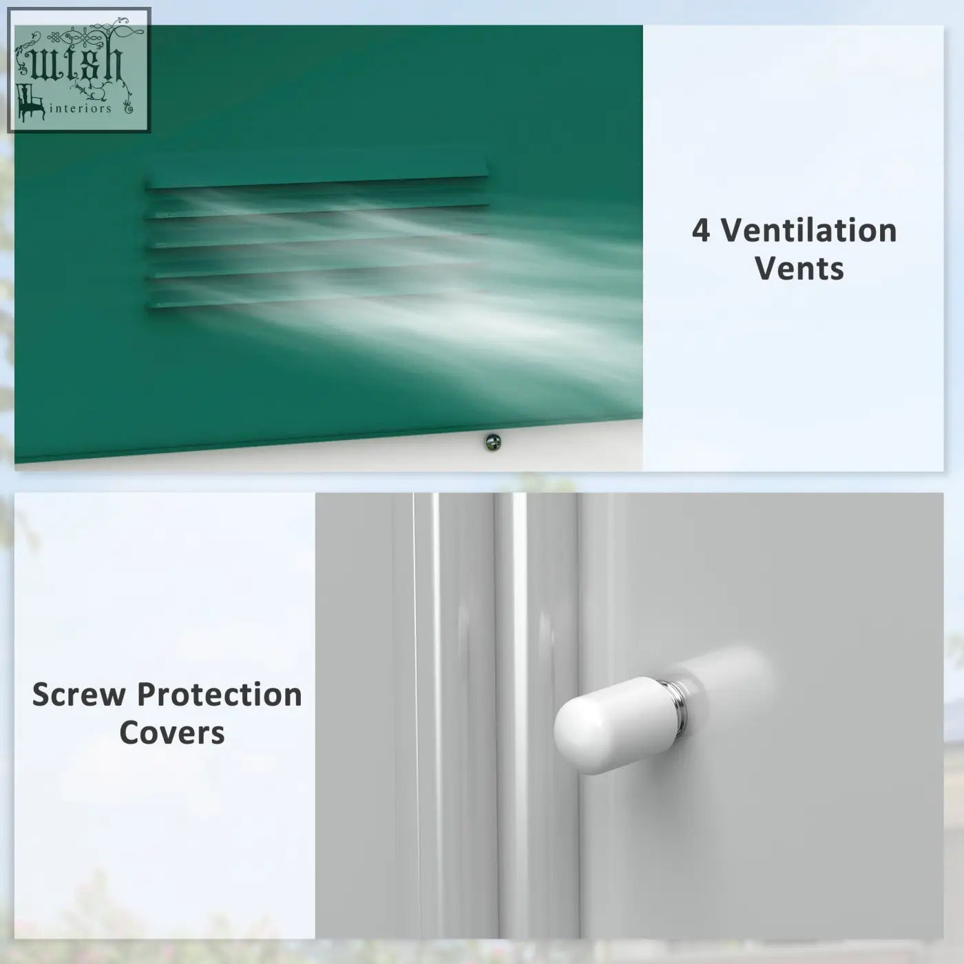 Green metal storage shed back panel with four vents and white screw covers for double sliding doors outdoors