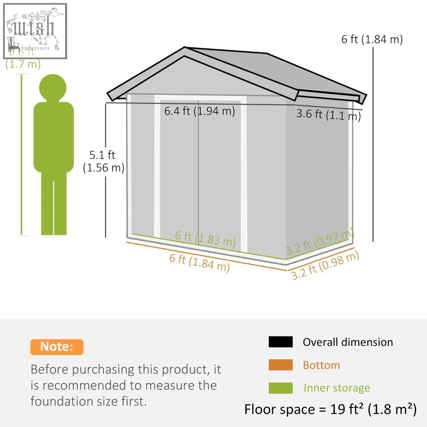 Gray metal storage shed with double sliding doors and 4 vents by outsunny shown with measurements and green scale