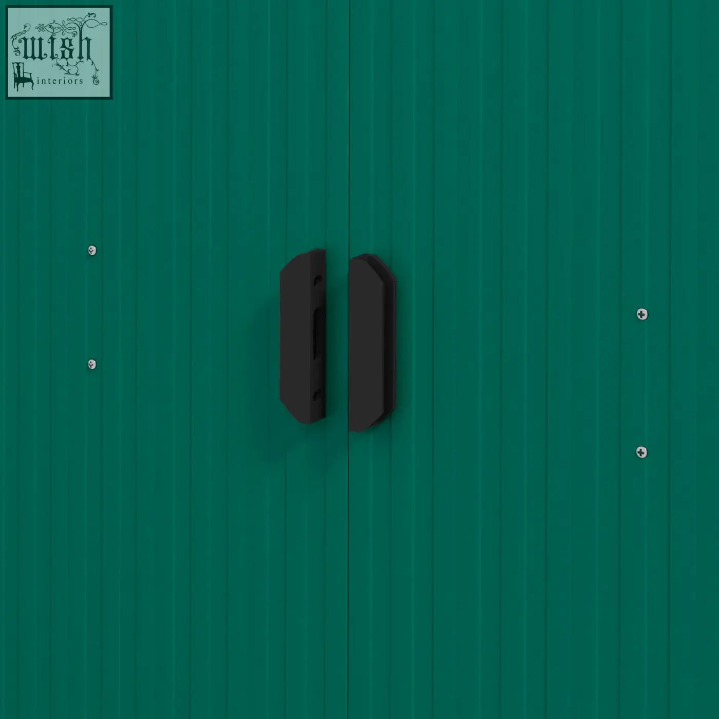 Black rectangular door handles on green metal storage shed with double sliding doors for outdoor tool storage