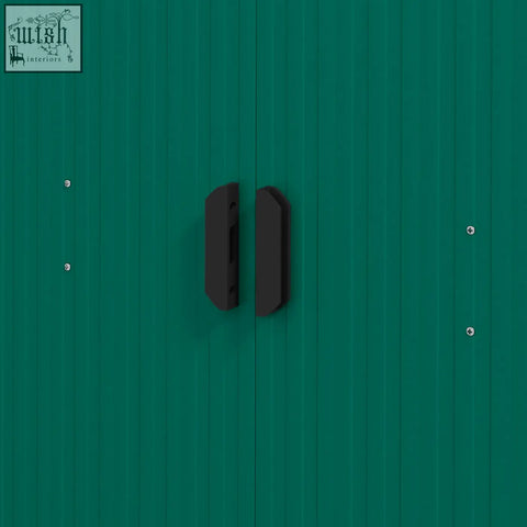 Black rectangular door handles on green metal storage shed with double sliding doors for outdoor tool storage