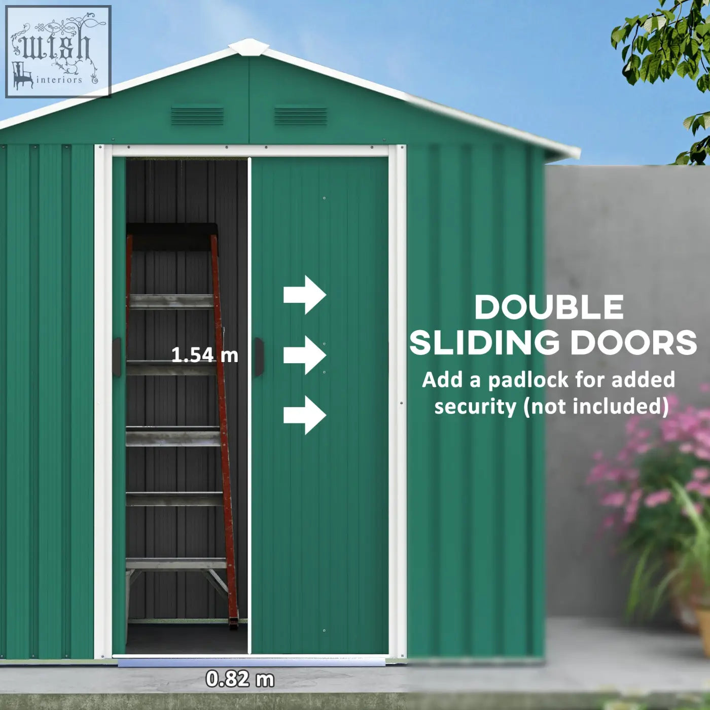 Green metal Outsunny storage shed with white trim and double sliding doors for outdoor tool storage