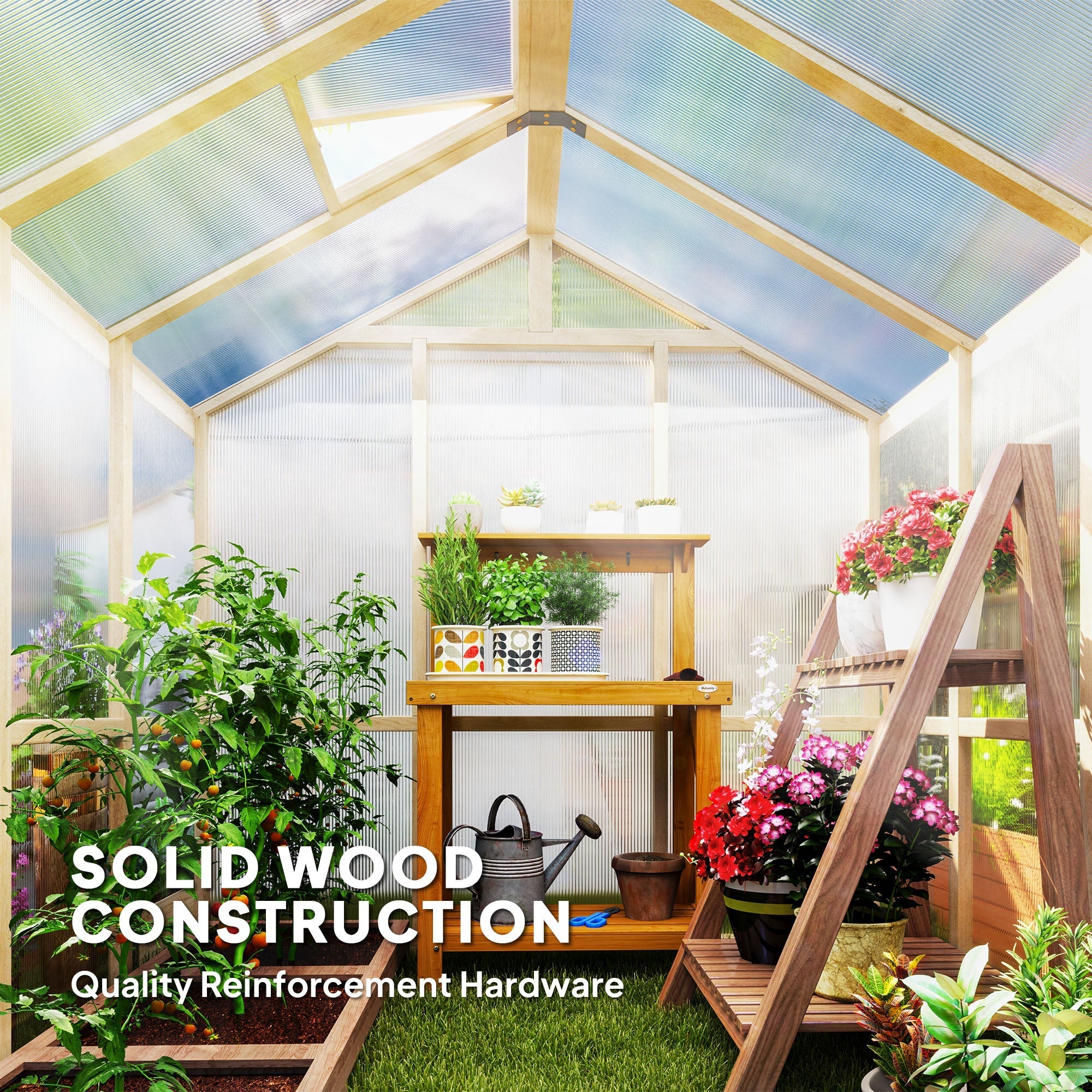 Outsunny 6.6x6ft polycarbonate greenhouse with fir wood frame and translucent ribbed roof for garden plants growing