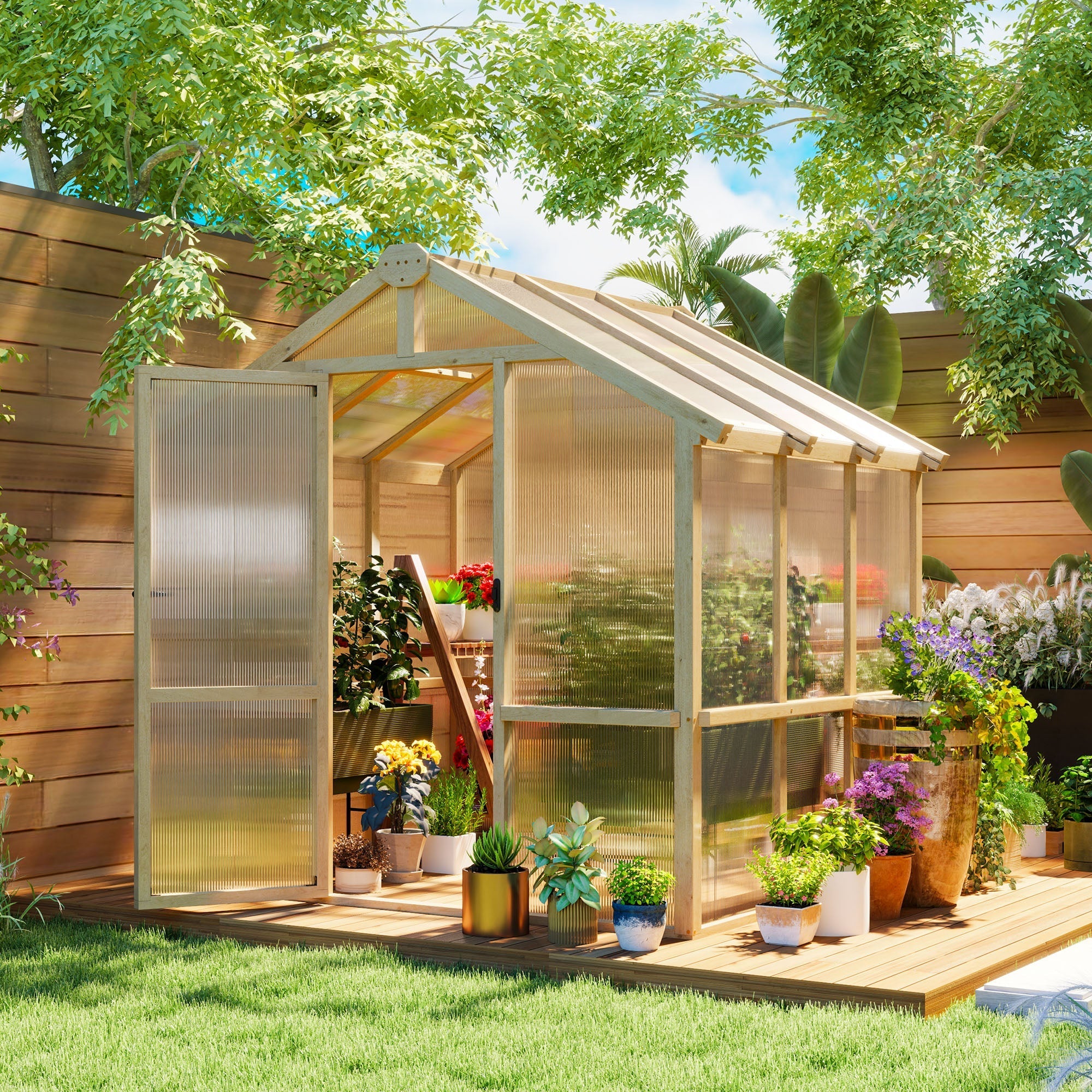 Outsunny 6.6 x 6ft polycarbonate greenhouse with light beige fir wood frame and translucent ribbed panels for growing plants