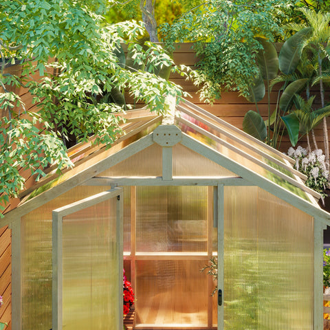 Outsunny 6.6 x 6ft polycarbonate greenhouse with light green fir wood frame and translucent panels for garden plants