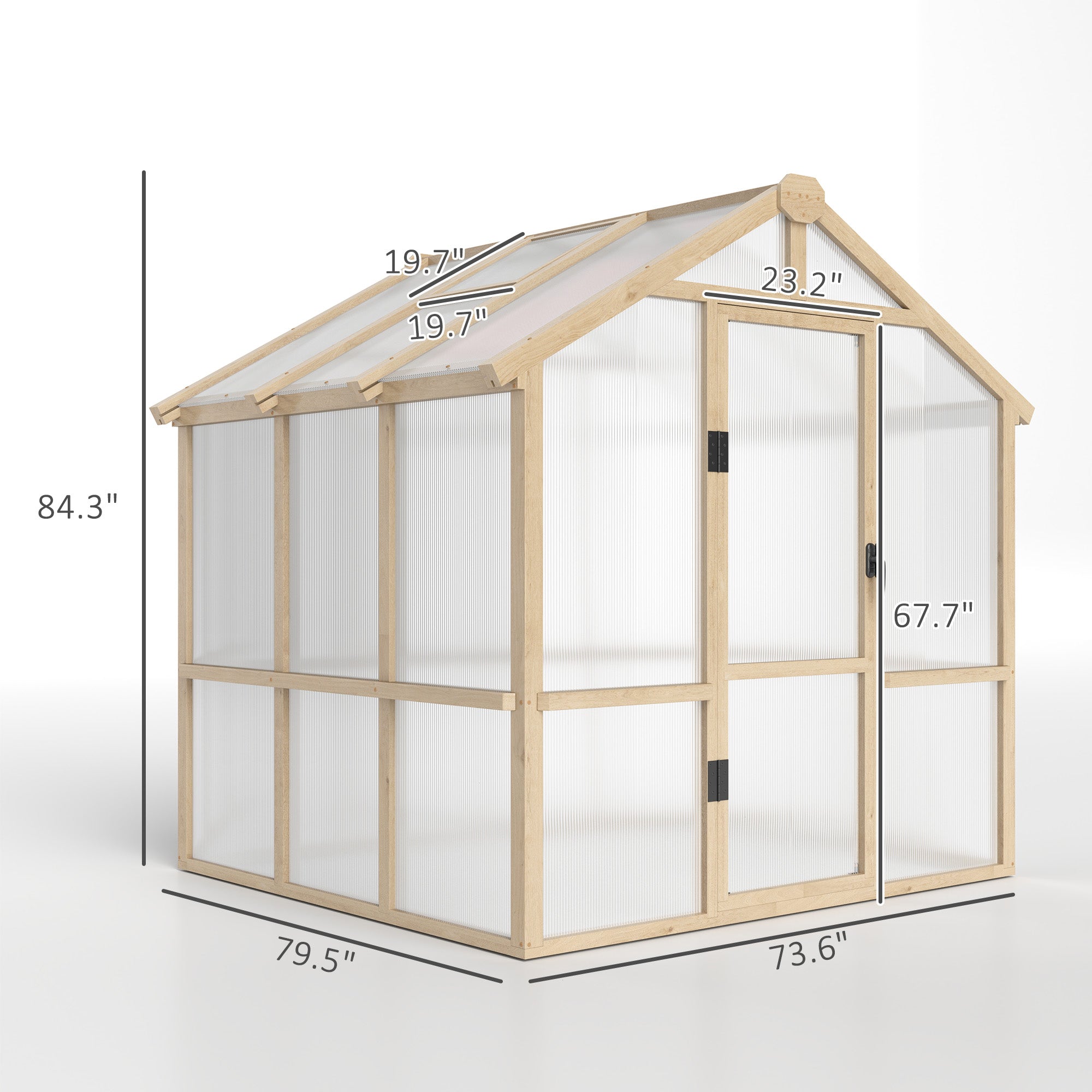 Light-colored fir wood frame polycarbonate greenhouse with translucent panels and lockable double doors for garden use