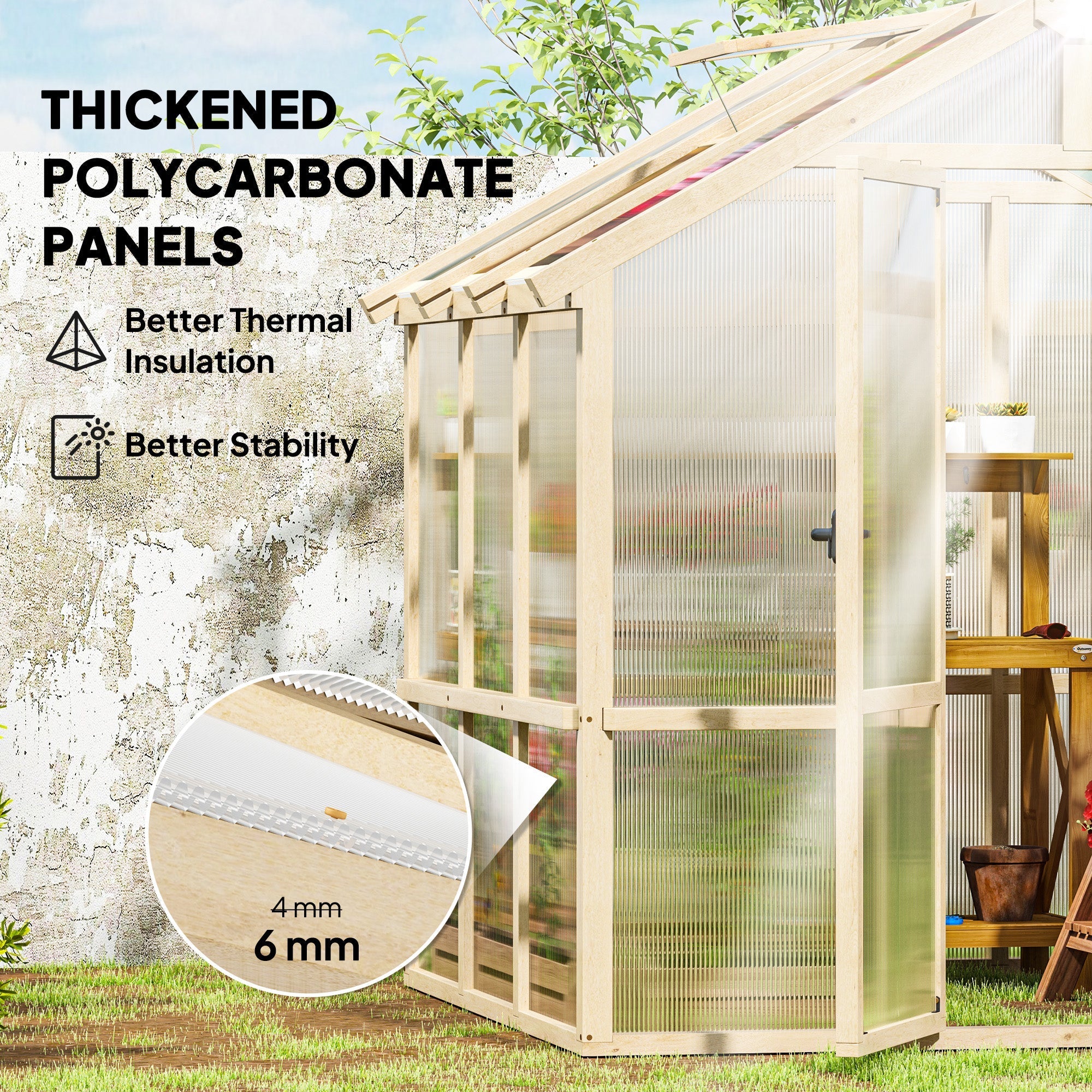 Beige framed polycarbonate greenhouse with translucent ribbed panels and fir wood frame for garden plants growing