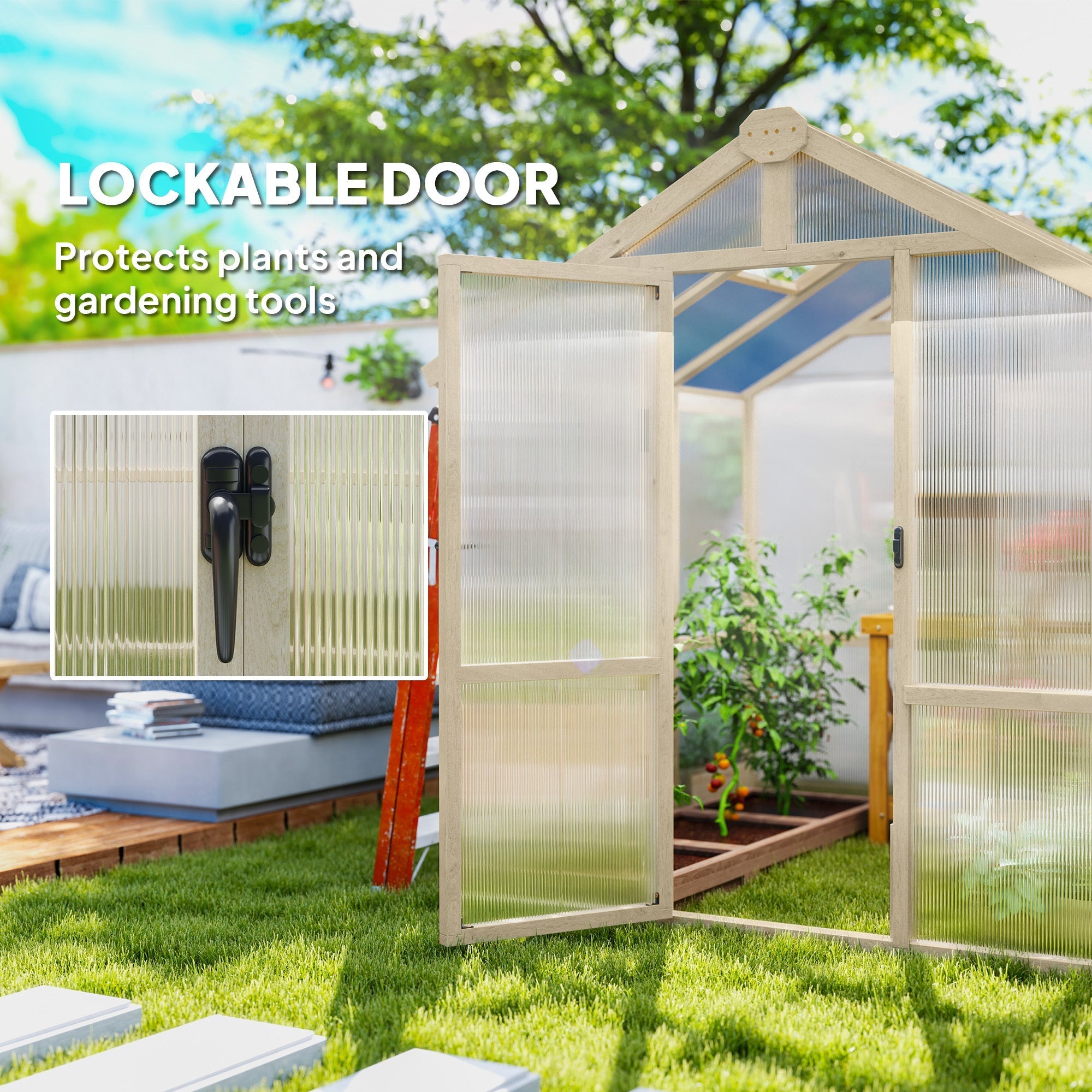 Beige framed polycarbonate greenhouse with translucent panels and lockable door for garden plants with fir wood frame