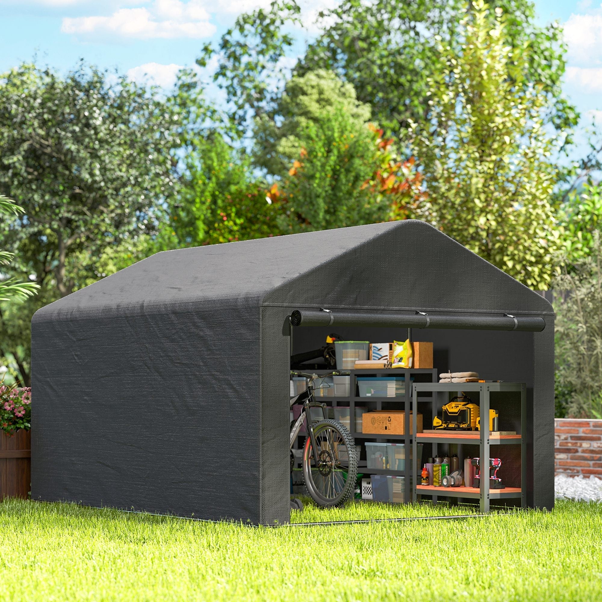 Outsunny dark grey garden storage shed with peaked roof and open front showing tools inside with galvanised metal frame