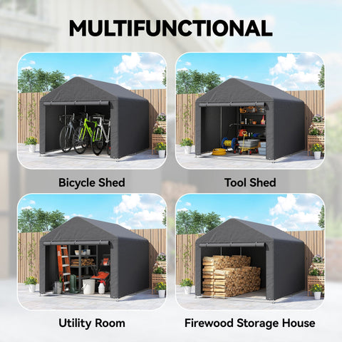 Black multifunctional garden storage shed with galvanised metal frame for outdoor bike and tool protection
