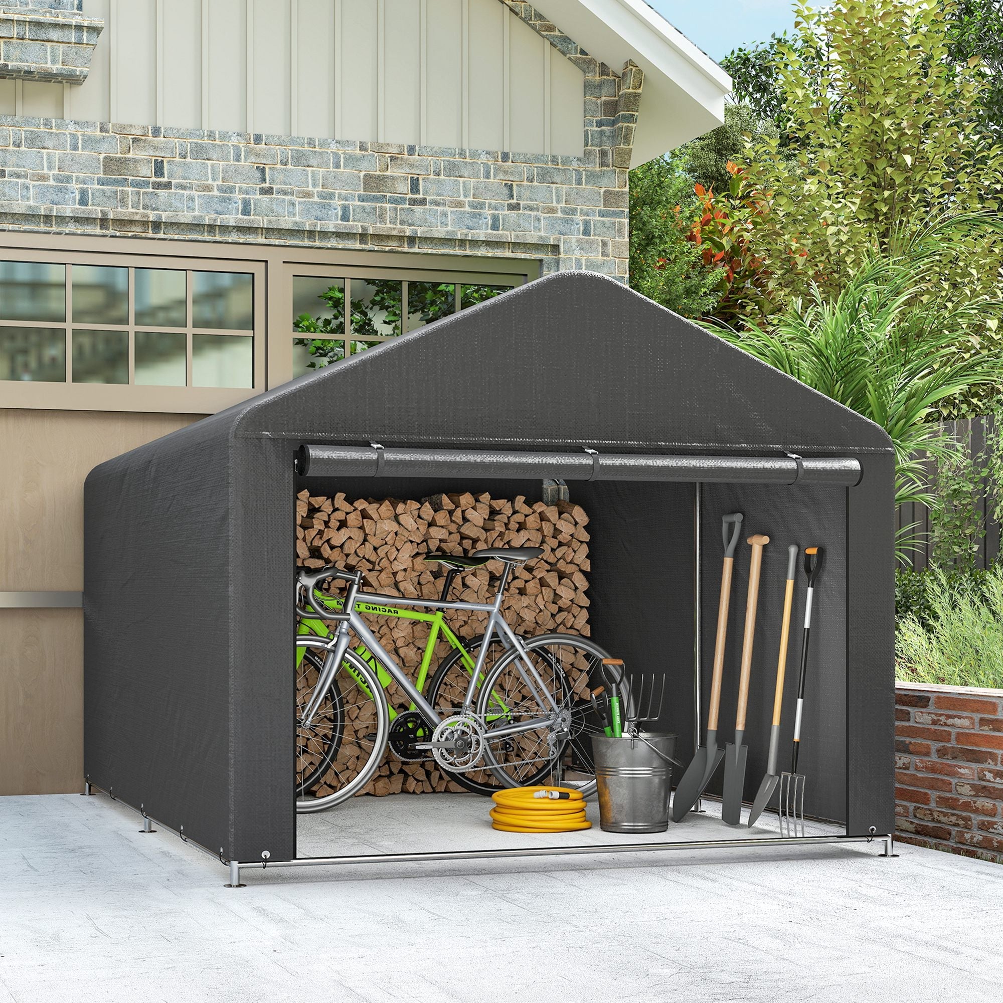 Outsunny dark grey garden storage shed with galvanised metal frame and roof ridge perfect for bike and tool storage