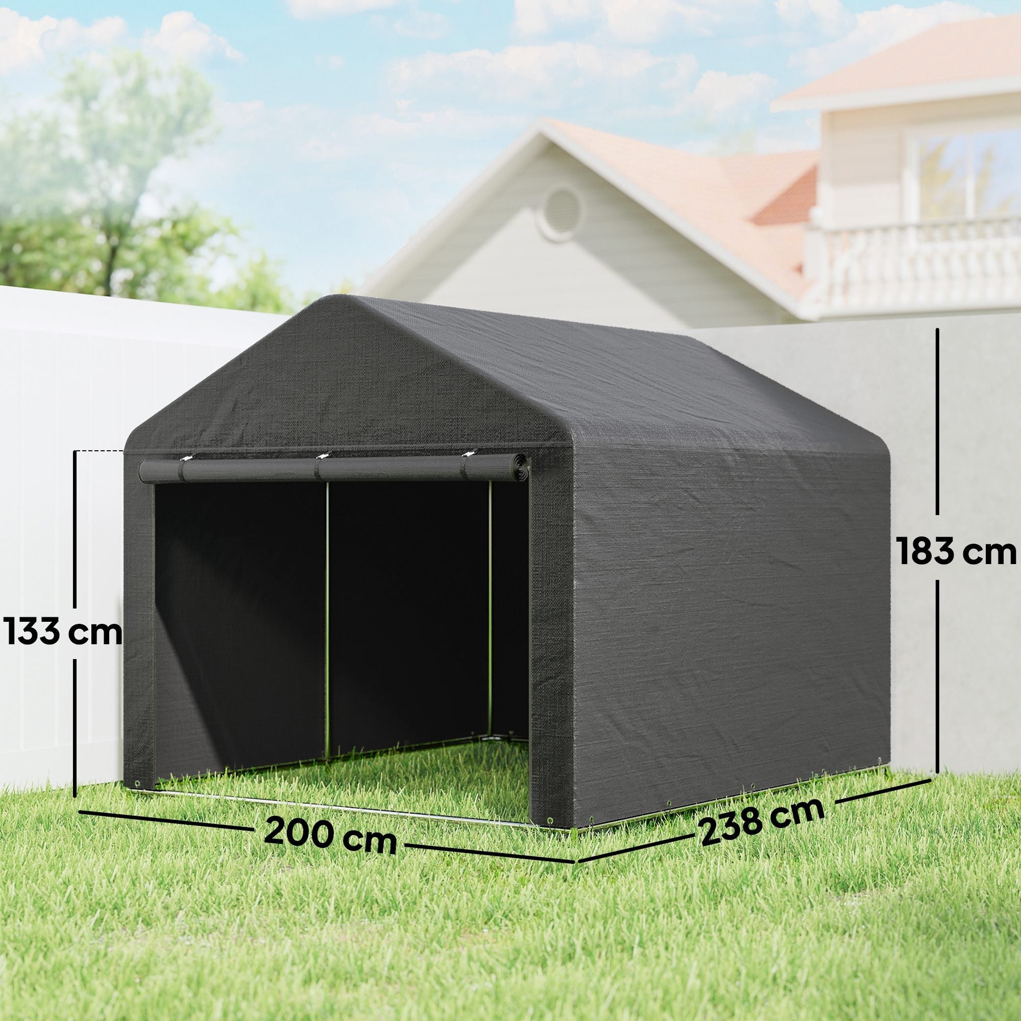 Black fabric Outsunny garden storage shed with galvanised metal frame roll-up door and measured dimensions