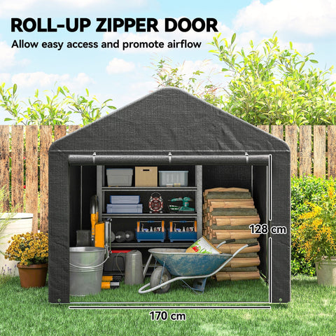 Outsunny black garden storage shed with roll-up zipper door mesh sides and galvanised metal frame 170x128cm tall