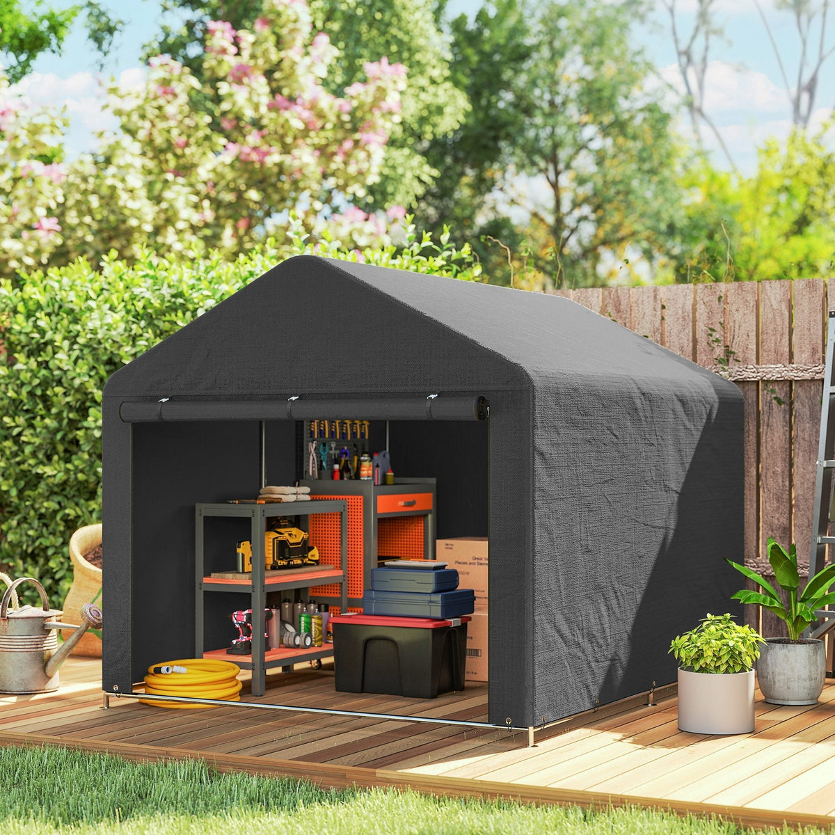Black garden storage shed with galvanised metal frame housing tools and storage containers by Outsunny