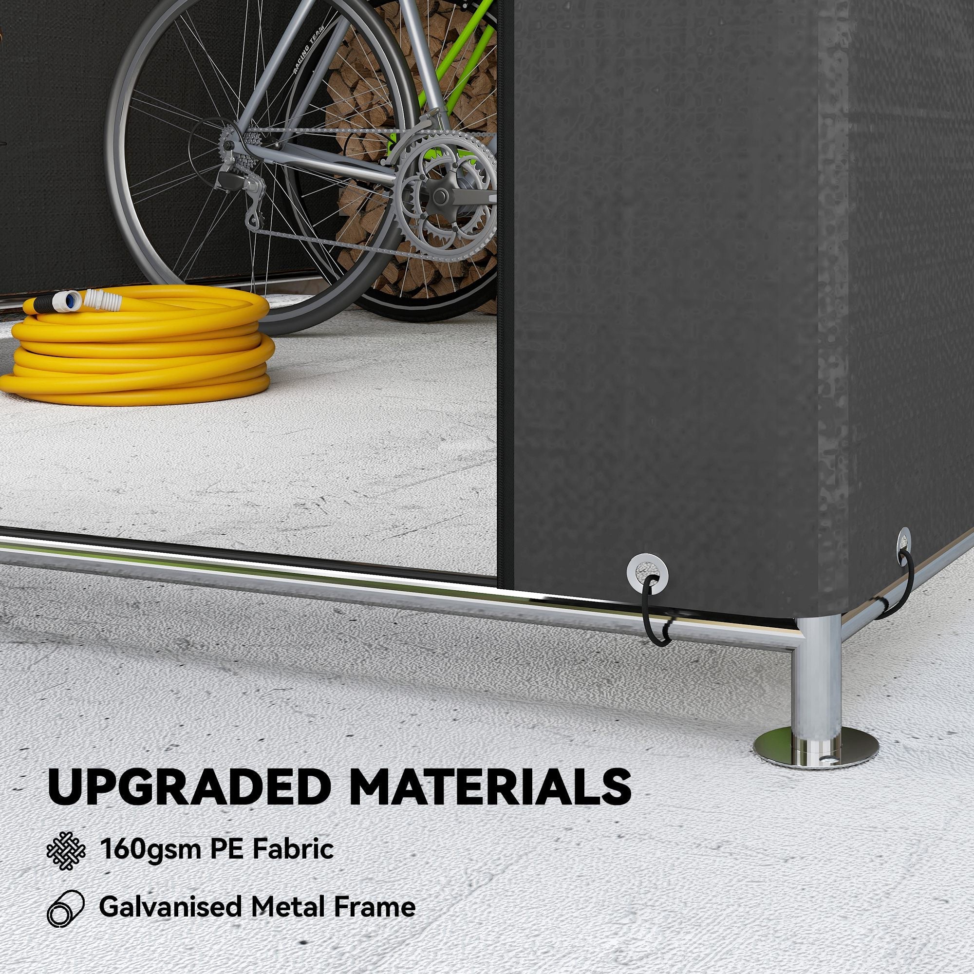 Dark gray garden storage shed with galvanised metal frame and 160gsm pe fabric for outdoor bike and tool storage