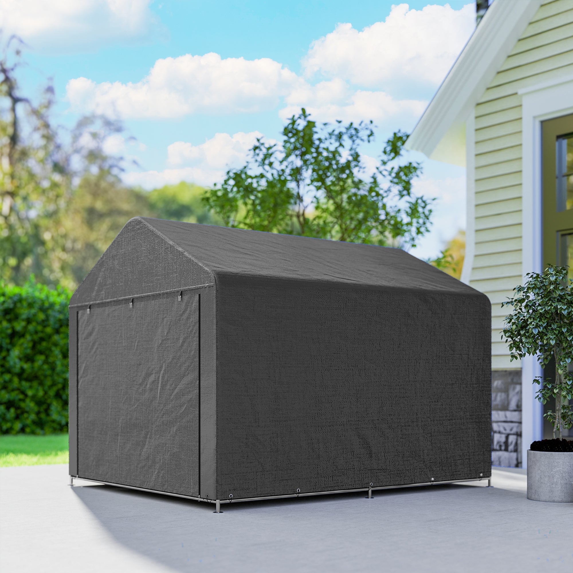 Dark grey garden storage shed with galvanised metal frame and corners for outdoor bike and tool storage