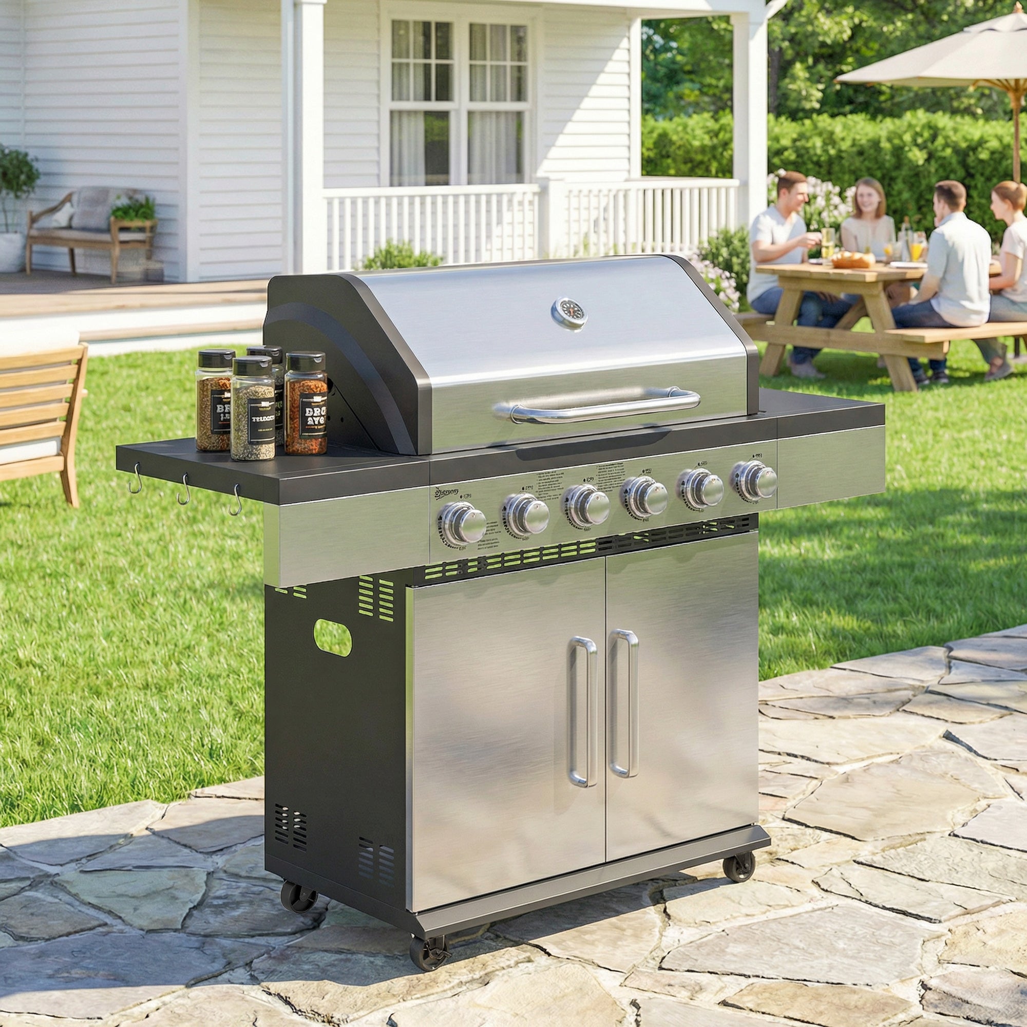 Outsunny stainless steel gas grill with black accents five control knobs warming rack and cm² cooking surface for outdoor BBQ