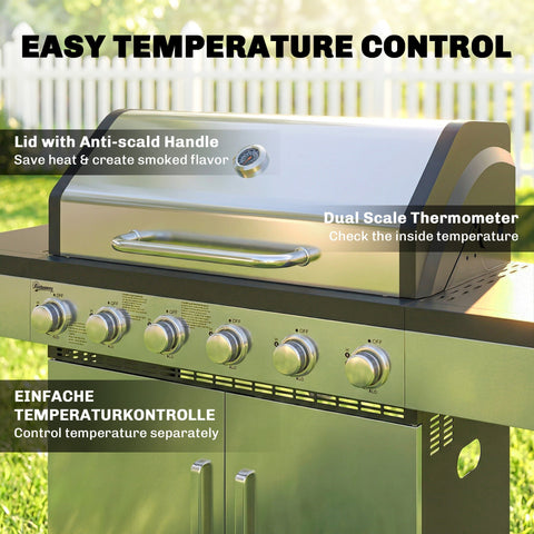Outsunny stainless steel gas grill with six control knobs warming rack and cm² cooking surface for outdoor BBQs