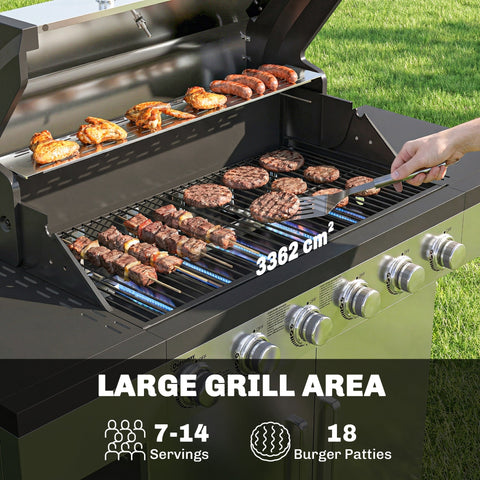 Black stainless steel outsunny 6 burner gas grill with silver knobs, large cm² cooking surface, warming rack, and side tables