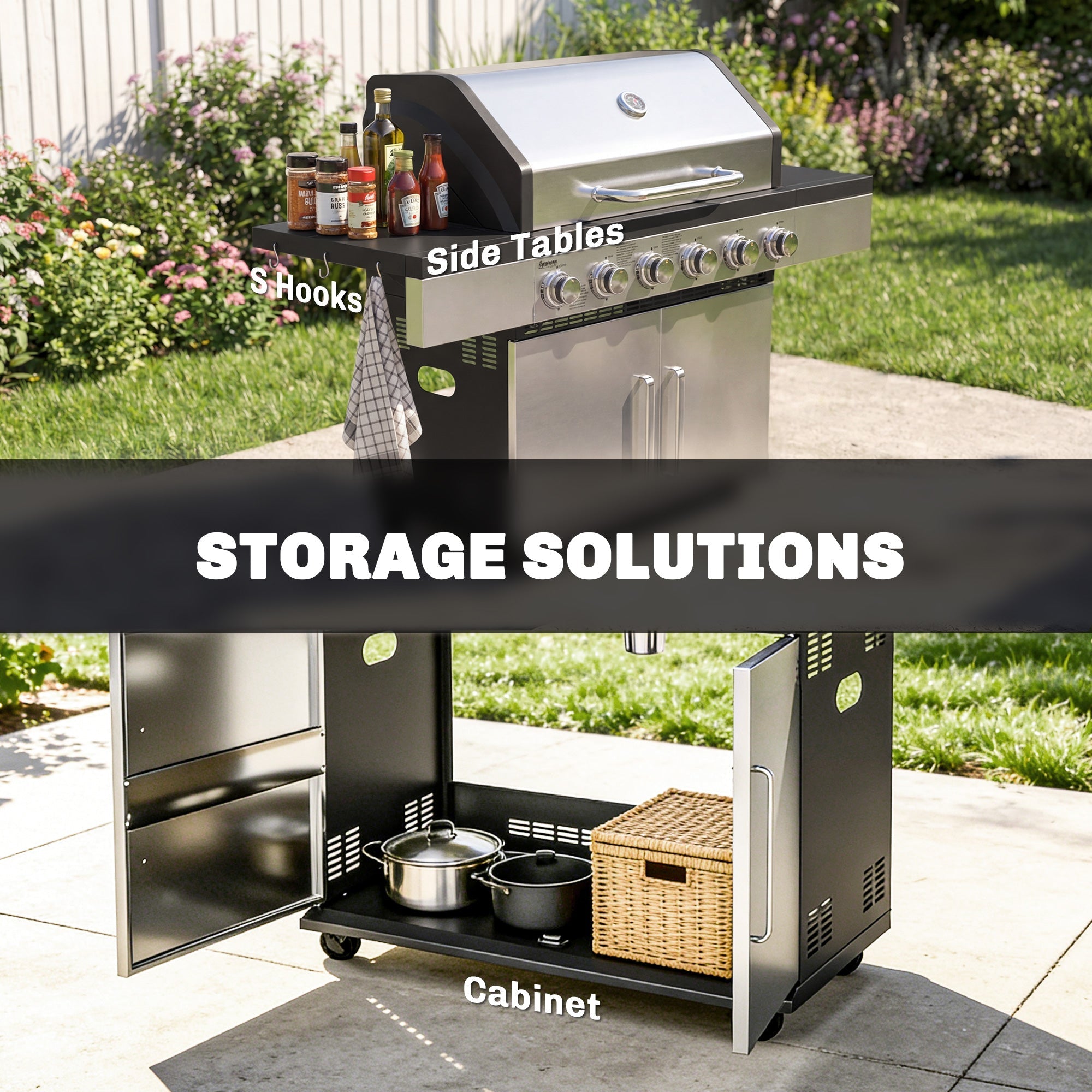 Out sunny stainless steel and black 6 burner gas grill cart with warming rack side tables hooks and cabinet storage