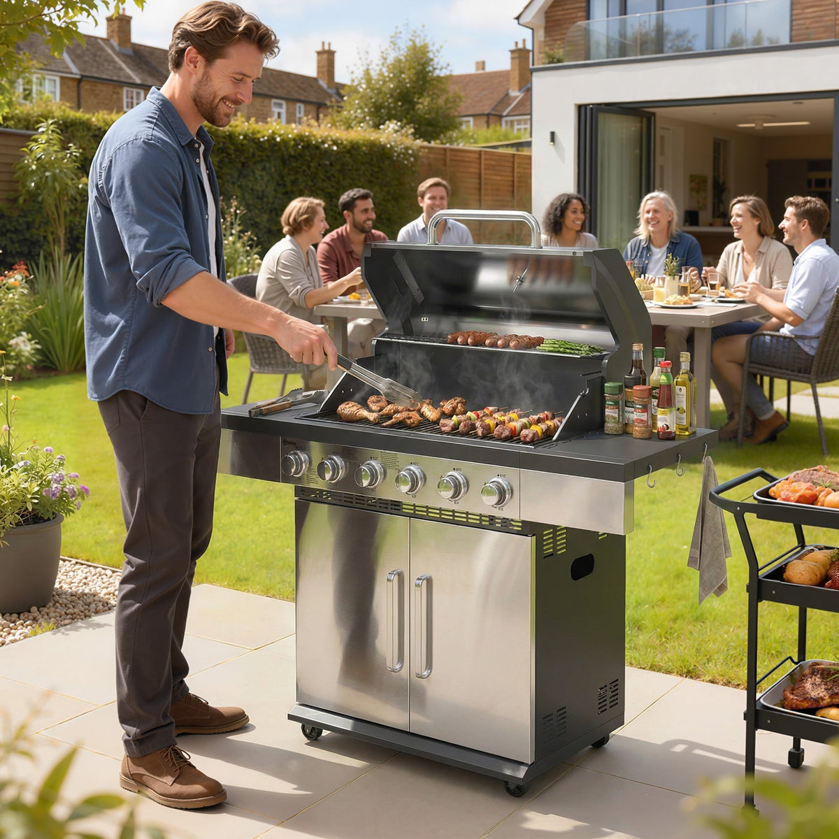 Outsunny stainless steel gas grill with black accents 6 burners warming rack and cm² cooking surface for outdoor bbq