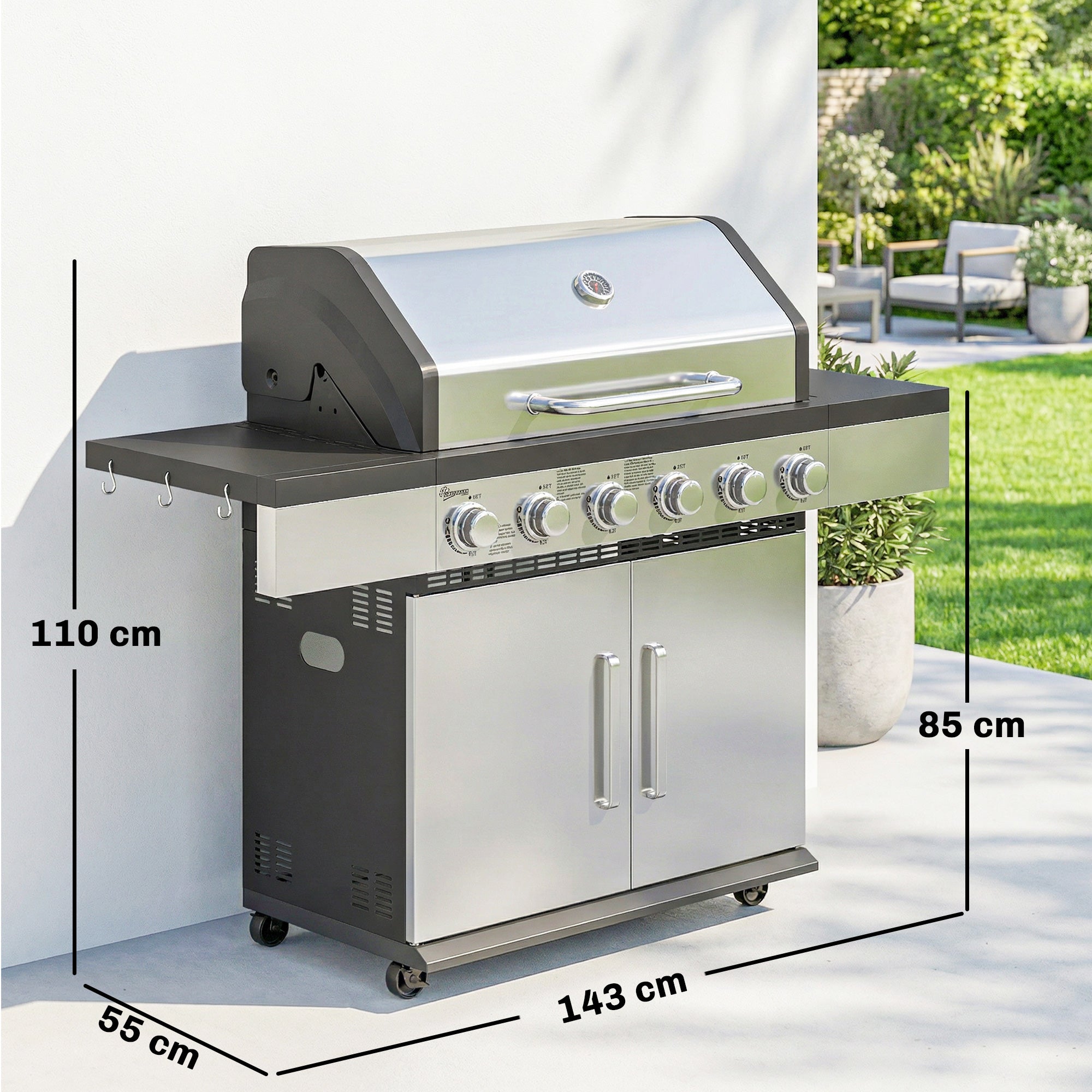Outsunny 6 burner stainless steel and black gas grill with warming rack side tables and cm² cooking surface storage cabinets