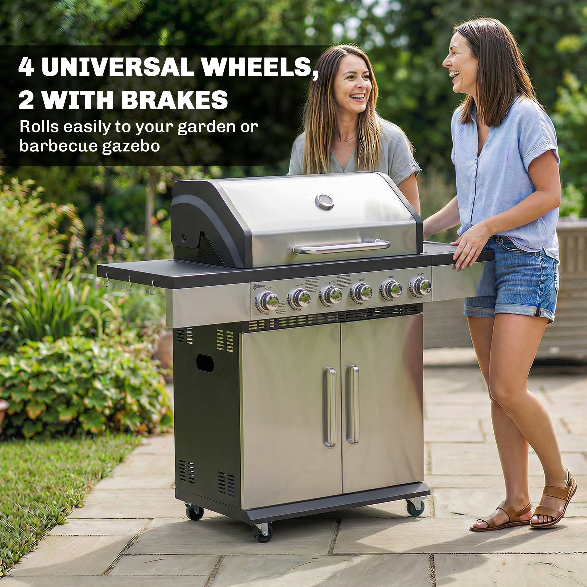 Outsunny stainless steel gas grill with black accents, warming rack, side tables, cabinet, and four universal wheels