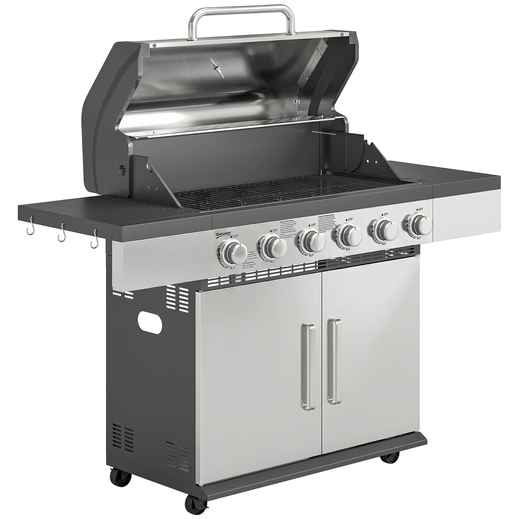 Outsunny stainless steel and black 6 burner gas grill with warming rack side cabinets and large cm² cooking surface