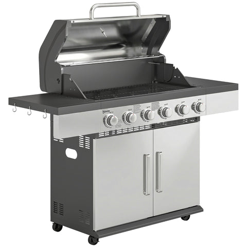 Outsunny stainless steel and black 6 burner gas grill with warming rack side cabinets and large cm² cooking surface