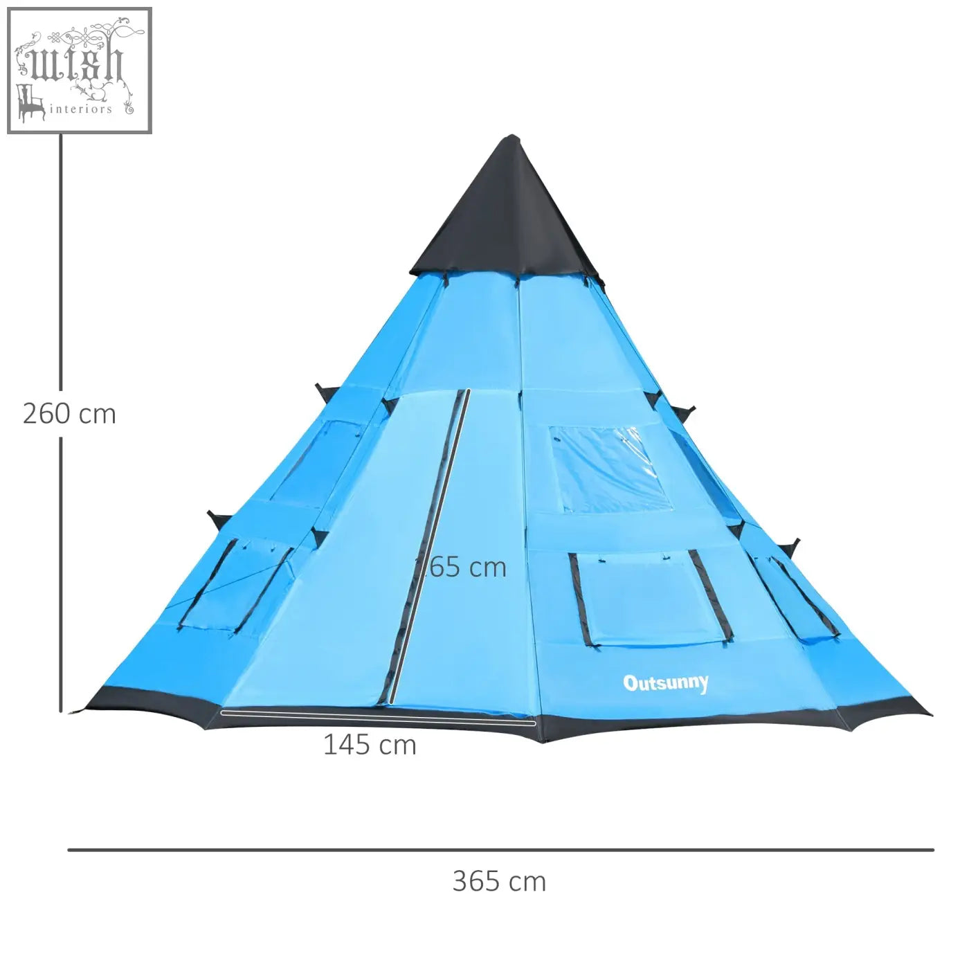 Blue and black outsunny tipi tent with mesh windows, large zipped door, side pockets, and reinforced seams for camping