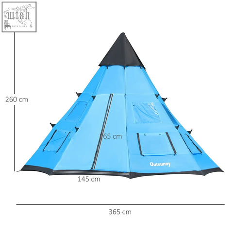 Blue and black outsunny tipi tent with mesh windows, large zipped door, side pockets, and reinforced seams for camping