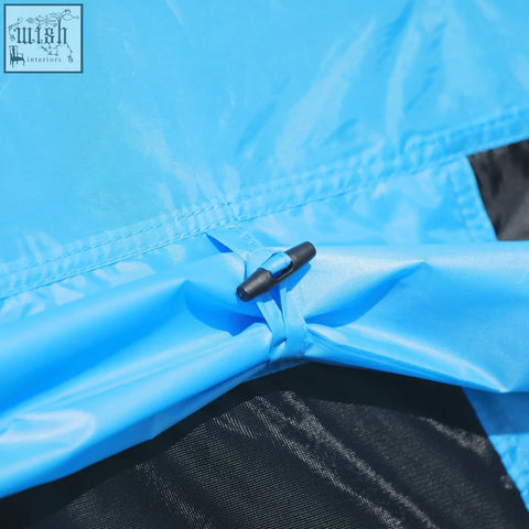 Bright blue Outsunny tipi tent fabric with waterproof material and a black toggle closure for easy setup and durability
