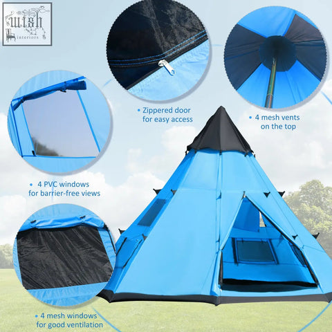 Blue and black Outsunny tipi tent with mesh windows and large zipped door perfect for camping and outdoor nights