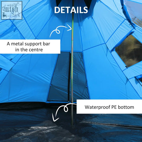 Blue Outsunny tipi tent with mesh windows, large zipped door, waterproof pe bottom, and central metal support bar for camping