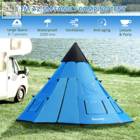 Blue and black outsunny tipi tent with mesh windows large zipped door multiple side pockets for family camping outdoors