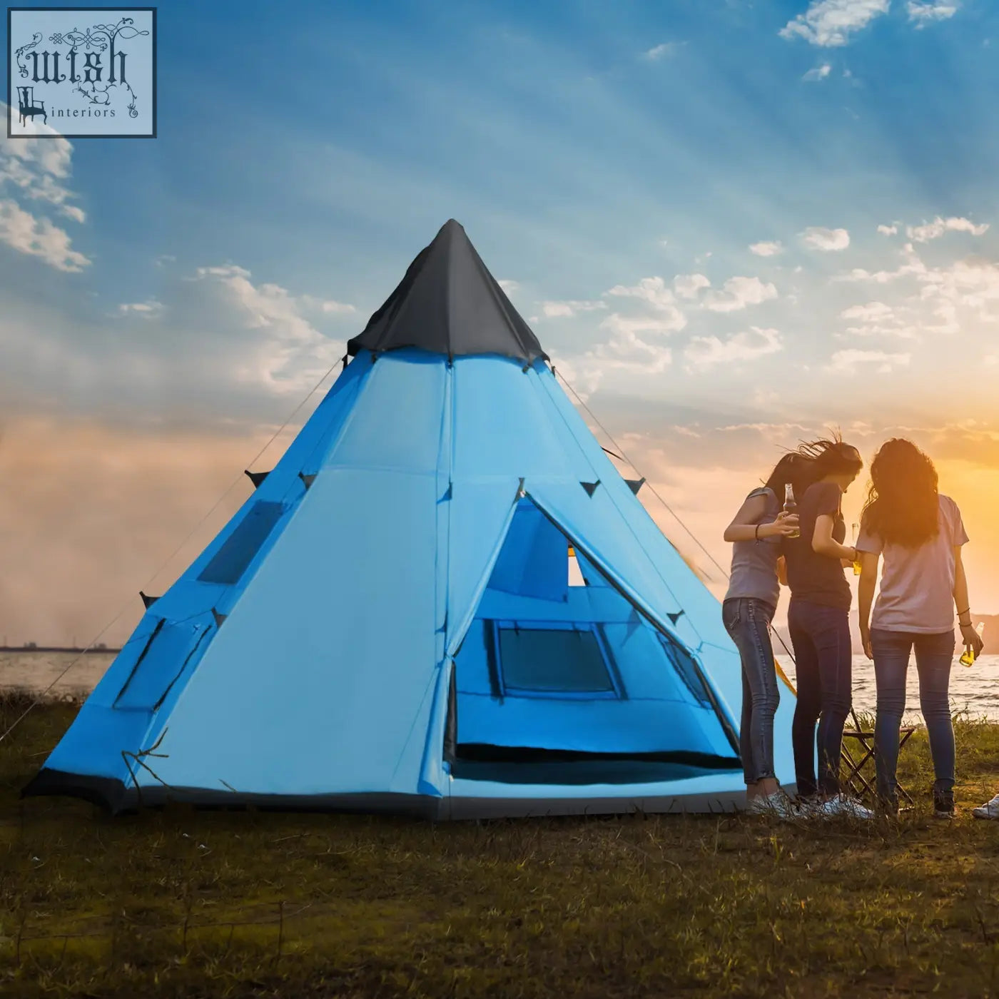 Outsunny blue and black tipi tent with mesh windows and a large zipped door perfect for camping and outdoor use